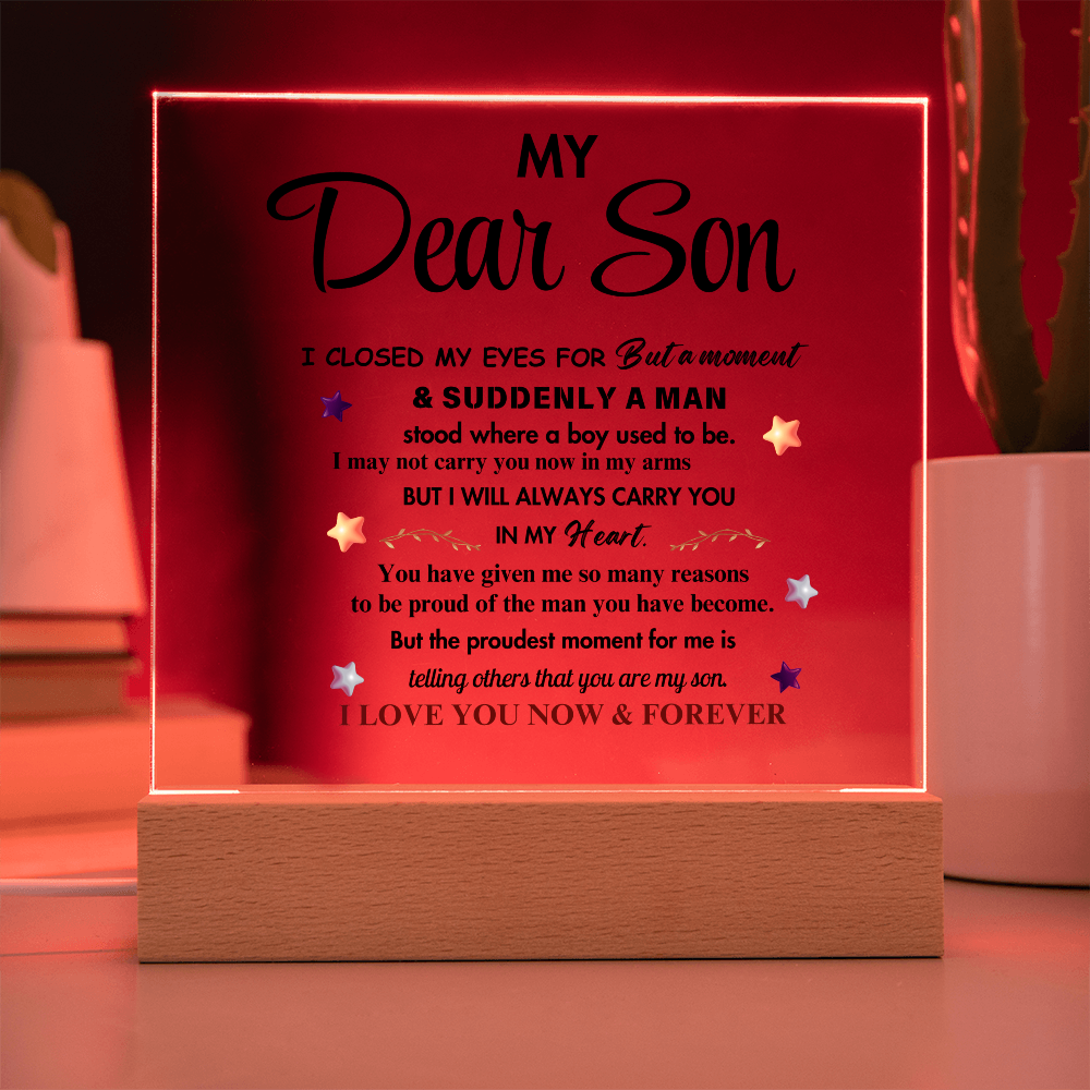My Dear Son Clear Acrylic Desk Sign – A Thoughtful Gift from Mom and Dad for Birthday, Christmas, and Graduation, Perfect for Home Decor