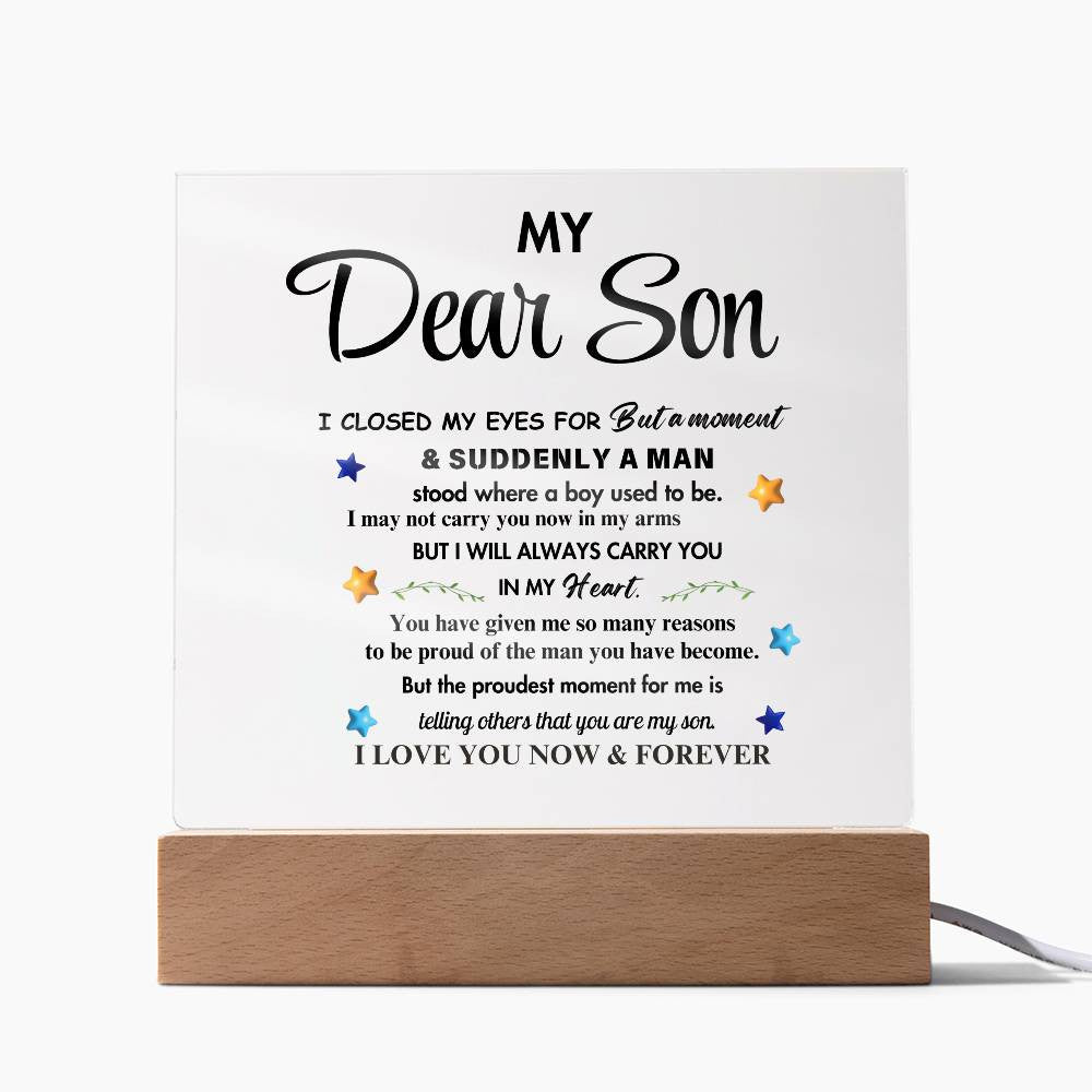 My Dear Son Clear Acrylic Desk Sign – A Thoughtful Gift from Mom and Dad for Birthday, Christmas, and Graduation, Perfect for Home Decor