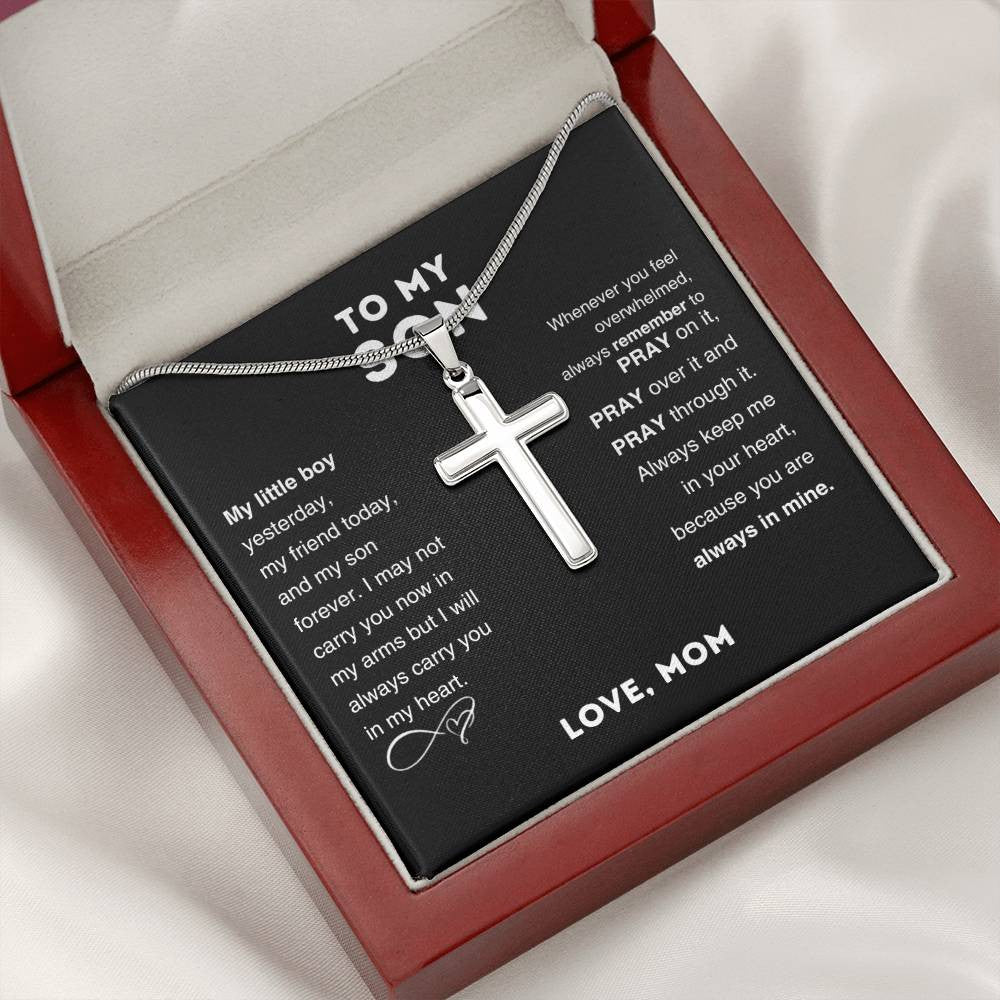 To My Son Cross Pendant Necklace – Stainless Steel Cuban Chain Jewelry with Card and Gift Box, Perfect for Birthdays, Valentine’s Day, and Christmas