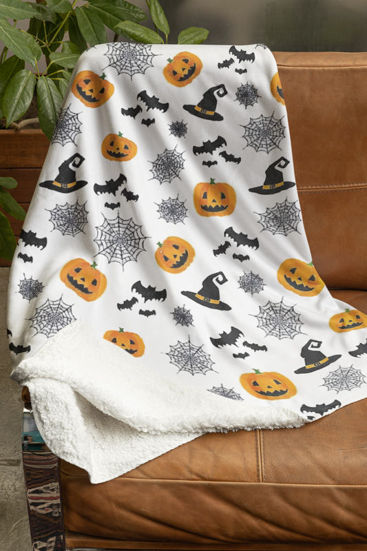 Halloween Flannel Blanket - Spider Web, Witch Hat, Black Bat, Pumpkin Print | Soft Cozy Throw for Bed, Couch, Office & Travel | Warm Lightweight Plush Blanket - Perfect Halloween & Christmas Gift