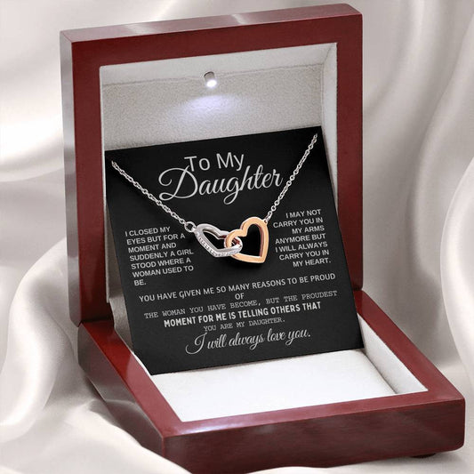 To My Daughter Heart Necklace Interlocking Hearts Necklace (Yellow & White Gold) With Text Gift Card And Gift Box Packaging, Christmas Gift