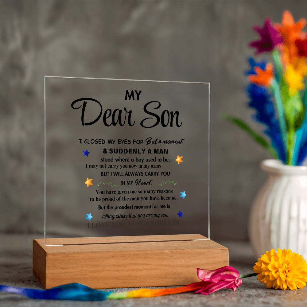 My Dear Son Clear Acrylic Desk Sign – A Thoughtful Gift from Mom and Dad for Birthday, Christmas, and Graduation, Perfect for Home Decor