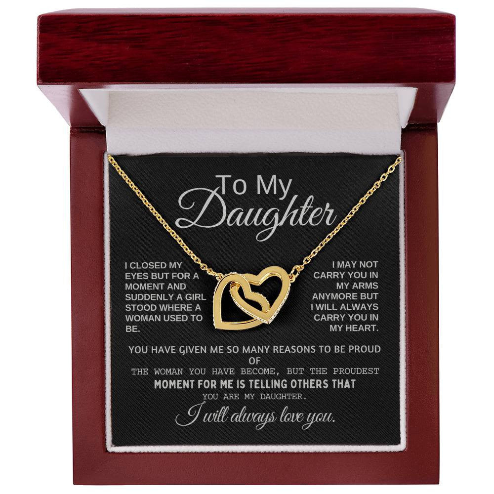 To My Daughter Heart Necklace Interlocking Hearts Necklace (Yellow & White Gold) With Text Gift Card And Gift Box Packaging, Christmas Gift