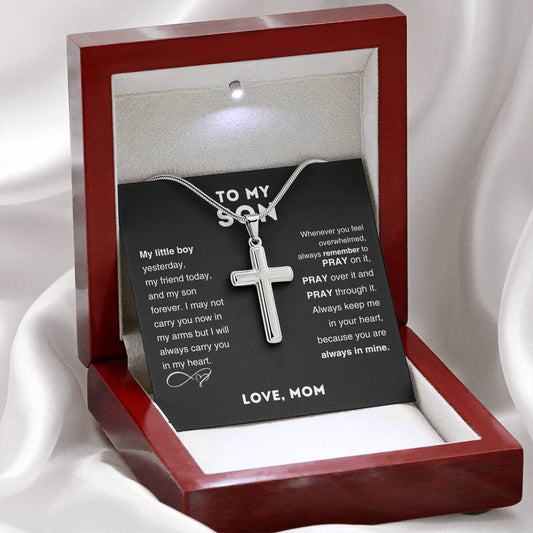 To My Son Cross Pendant Necklace – Stainless Steel Cuban Chain Jewelry with Card and Gift Box, Perfect for Birthdays, Valentine’s Day, and Christmas