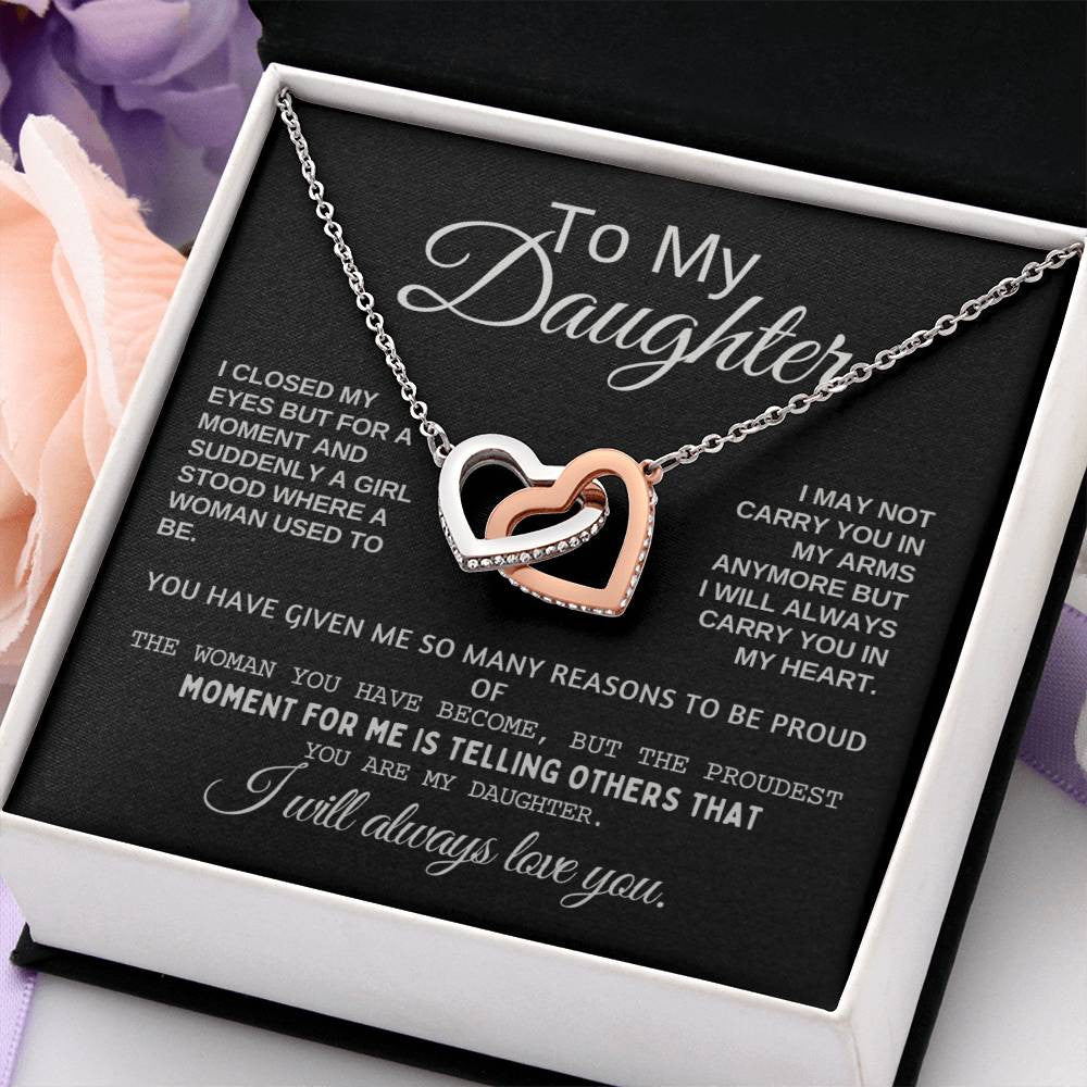 To My Daughter Heart Necklace Interlocking Hearts Necklace (Yellow & White Gold) With Text Gift Card And Gift Box Packaging, Christmas Gift