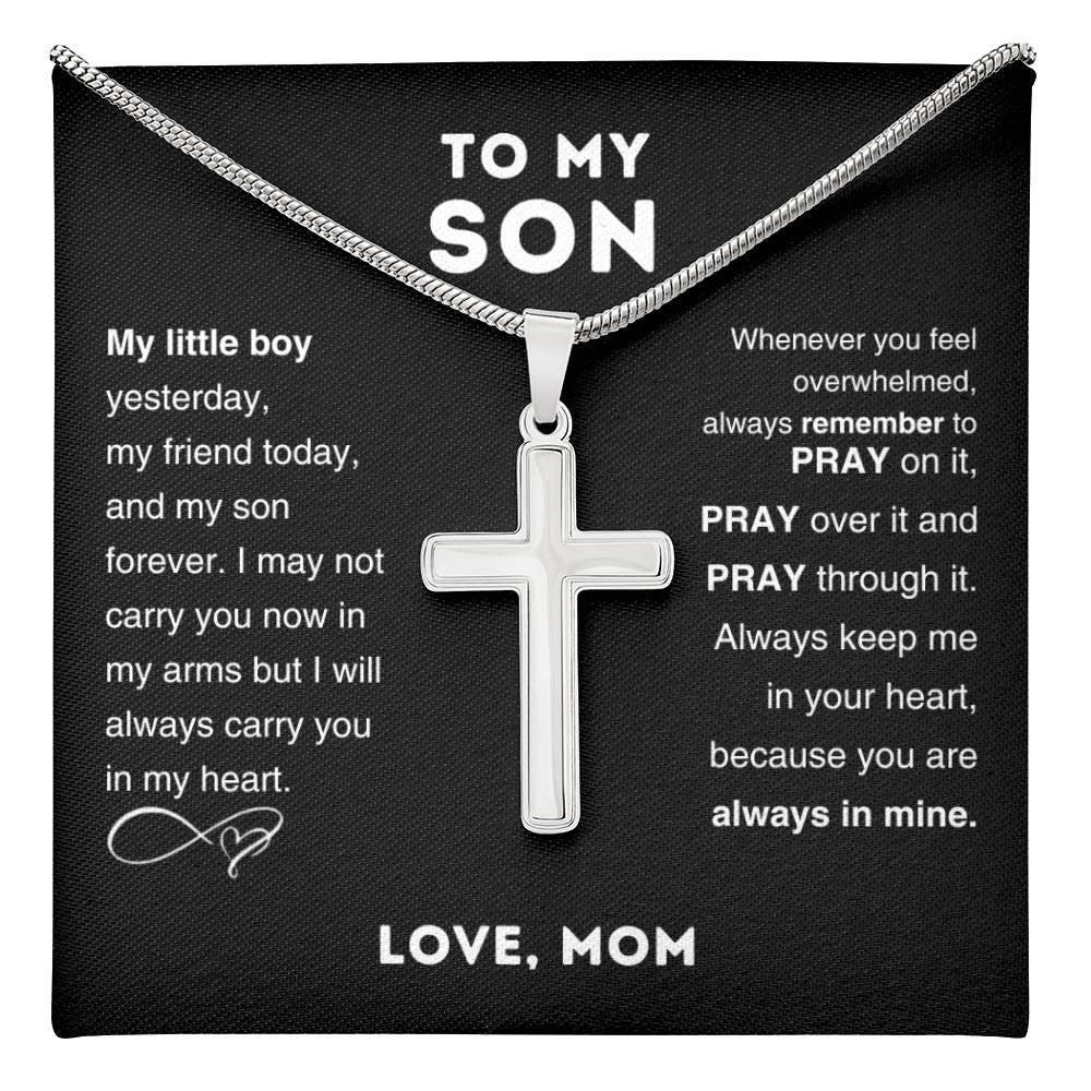 To My Son Cross Pendant Necklace – Stainless Steel Cuban Chain Jewelry with Card and Gift Box, Perfect for Birthdays, Valentine’s Day, and Christmas