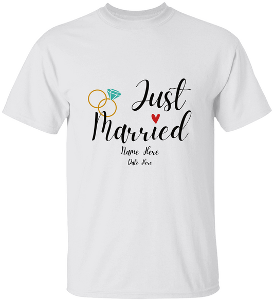 Customizable Name and Date Just Married Ring & Married Letter Print T-shirt, Casual Short Sleeve Crew Neck Top, Women's Clothing