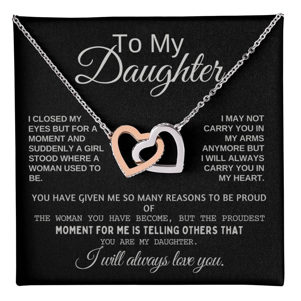 To My Daughter Heart Necklace Interlocking Hearts Necklace (Yellow & White Gold) With Text Gift Card And Gift Box Packaging, Christmas Gift