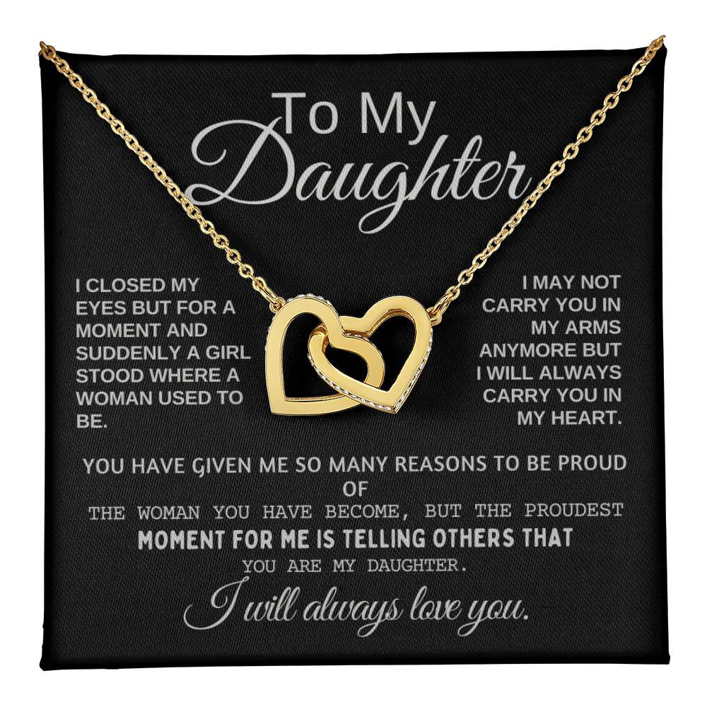 To My Daughter Heart Necklace Interlocking Hearts Necklace (Yellow & White Gold) With Text Gift Card And Gift Box Packaging, Christmas Gift