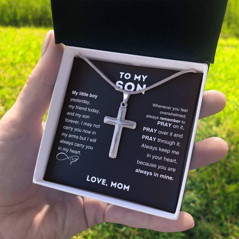 To My Son Cross Pendant Necklace – Stainless Steel Cuban Chain Jewelry with Card and Gift Box, Perfect for Birthdays, Valentine’s Day, and Christmas