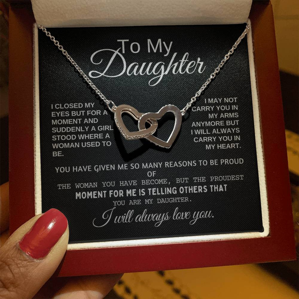 To My Daughter Heart Necklace Interlocking Hearts Necklace (Yellow & White Gold) With Text Gift Card And Gift Box Packaging, Christmas Gift