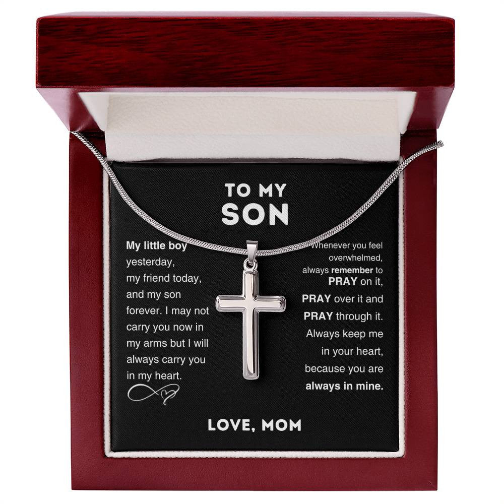 To My Son Cross Pendant Necklace – Stainless Steel Cuban Chain Jewelry with Card and Gift Box, Perfect for Birthdays, Valentine’s Day, and Christmas