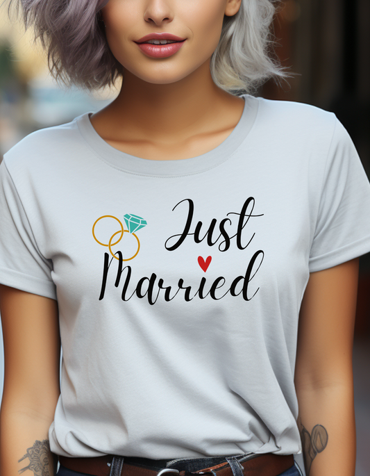 Customizable Name and Date Just Married Ring & Married Letter Print T-shirt, Casual Short Sleeve Crew Neck Top, Women's Clothing