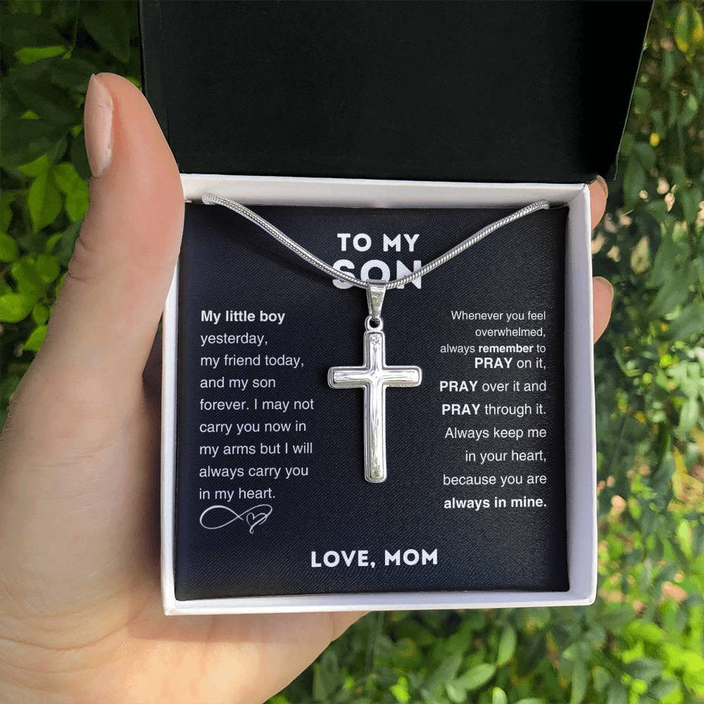 To My Son Cross Pendant Necklace – Stainless Steel Cuban Chain Jewelry with Card and Gift Box, Perfect for Birthdays, Valentine’s Day, and Christmas