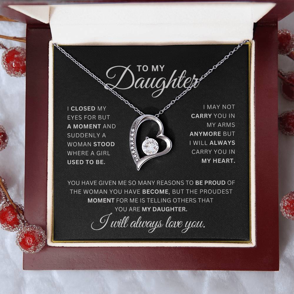 To My Daughter Necklace – Heart Pendant with CZ Crystal, 14k White Gold or 18k Yellow Gold, Sentimental Gift with Luxury Box