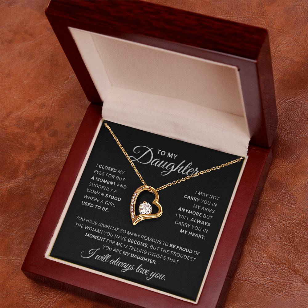 To My Daughter Necklace – Heart Pendant with CZ Crystal, 14k White Gold or 18k Yellow Gold, Sentimental Gift with Luxury Box