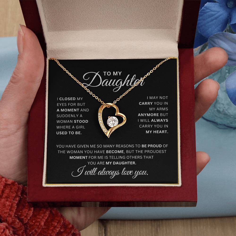 To My Daughter Necklace – Heart Pendant with CZ Crystal, 14k White Gold or 18k Yellow Gold, Sentimental Gift with Luxury Box