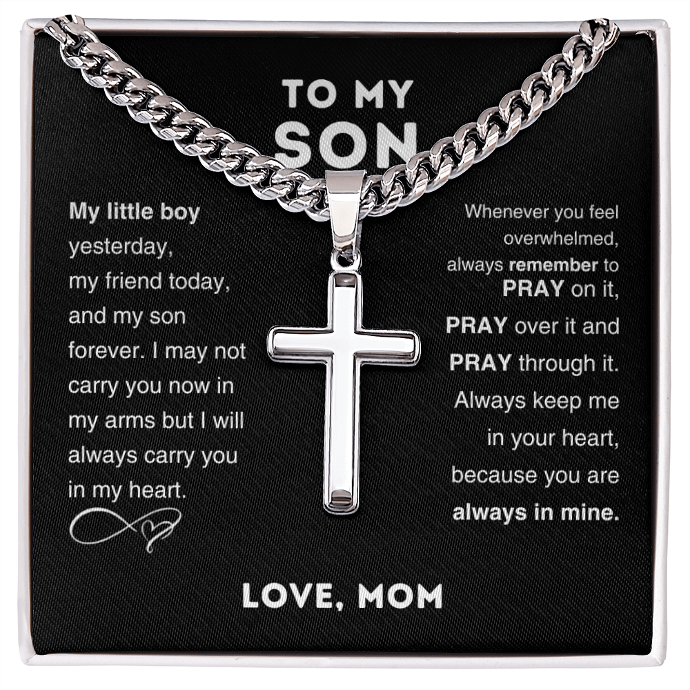 To My Son Cross Pendant Necklace – Stainless Steel Cuban Chain Jewelry with Card and Gift Box, Perfect for Birthdays, Valentine's Day, and Christmas