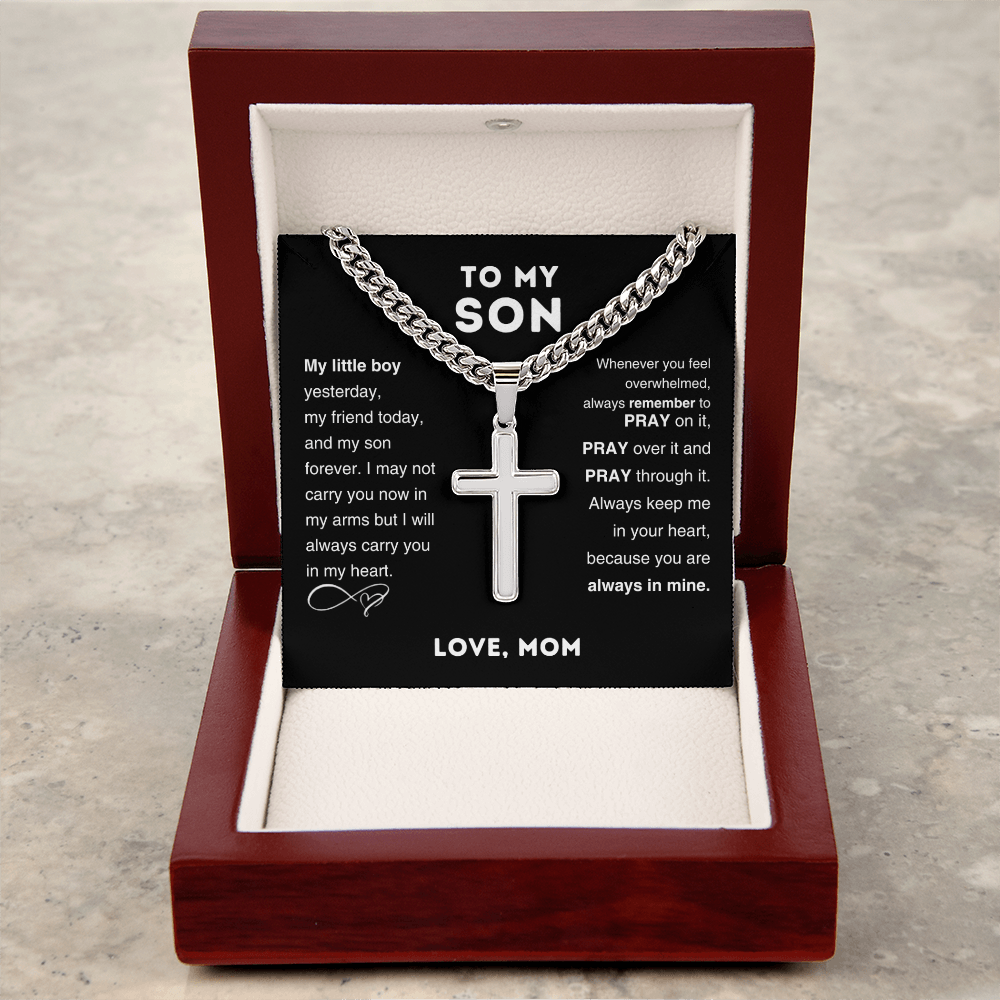 To My Son Cross Pendant Necklace – Stainless Steel Cuban Chain Jewelry with Card and Gift Box, Perfect for Birthdays, Valentine's Day, and Christmas