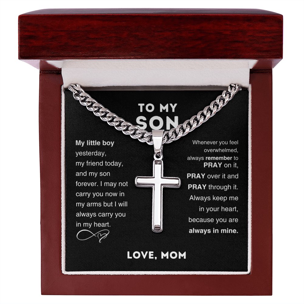 To My Son Cross Pendant Necklace – Stainless Steel Cuban Chain Jewelry with Card and Gift Box, Perfect for Birthdays, Valentine's Day, and Christmas