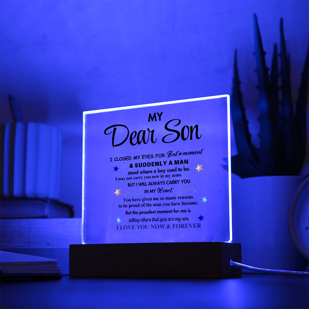 My Dear Son Clear Acrylic Desk Sign – A Thoughtful Gift from Mom and Dad for Birthday, Christmas, and Graduation, Perfect for Home Decor