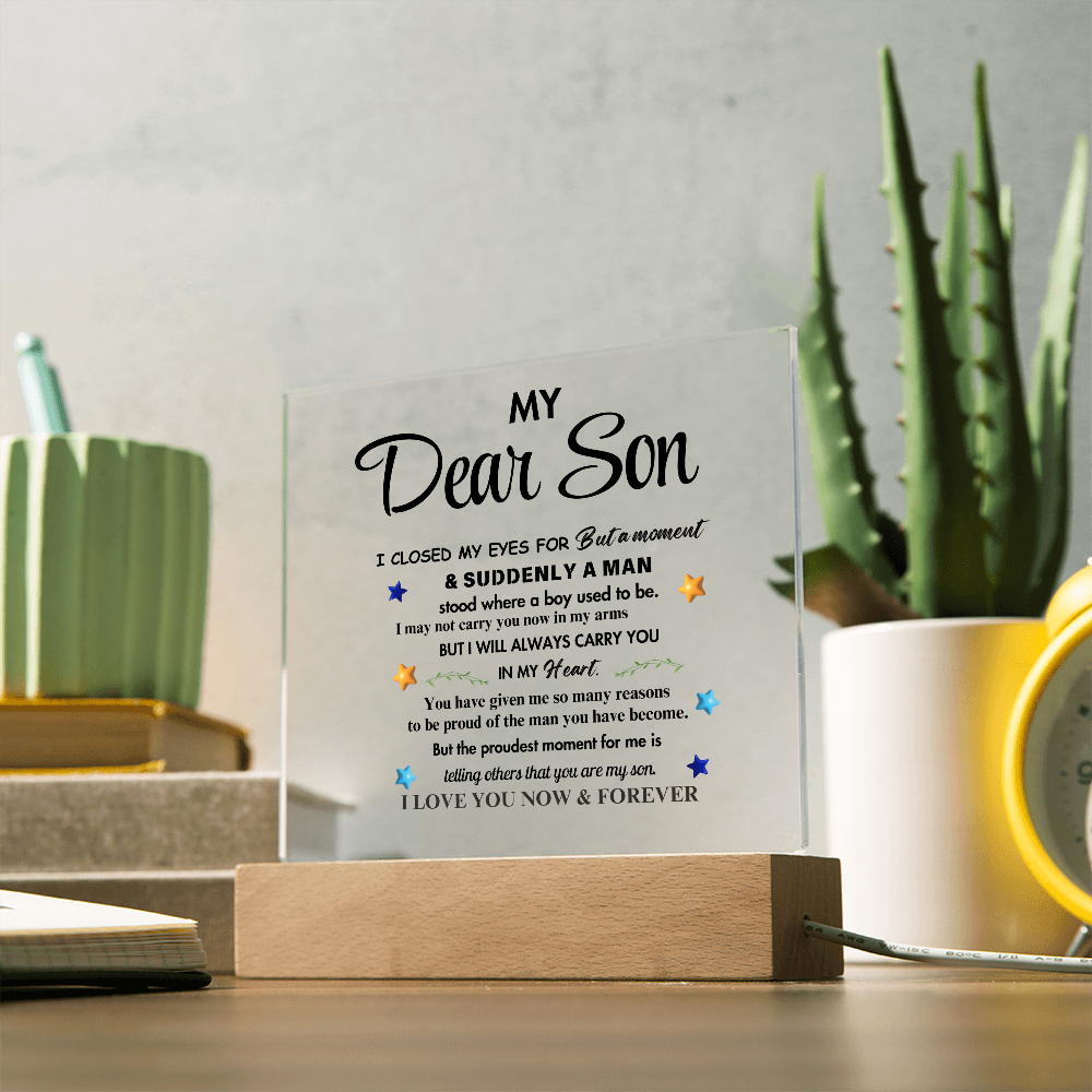 My Dear Son Clear Acrylic Desk Sign – A Thoughtful Gift from Mom and Dad for Birthday, Christmas, and Graduation, Perfect for Home Decor