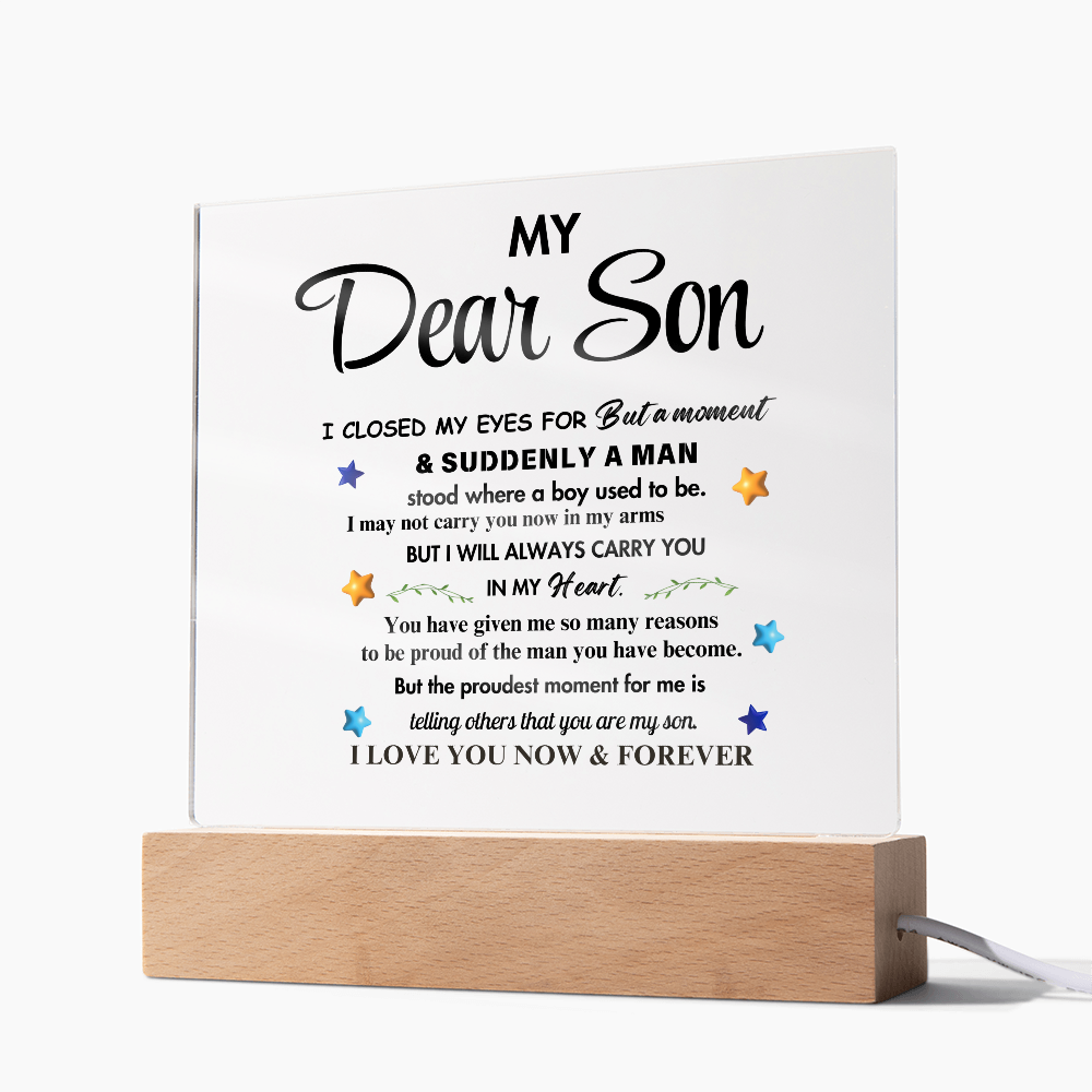 My Dear Son Clear Acrylic Desk Sign – A Thoughtful Gift from Mom and Dad for Birthday, Christmas, and Graduation, Perfect for Home Decor