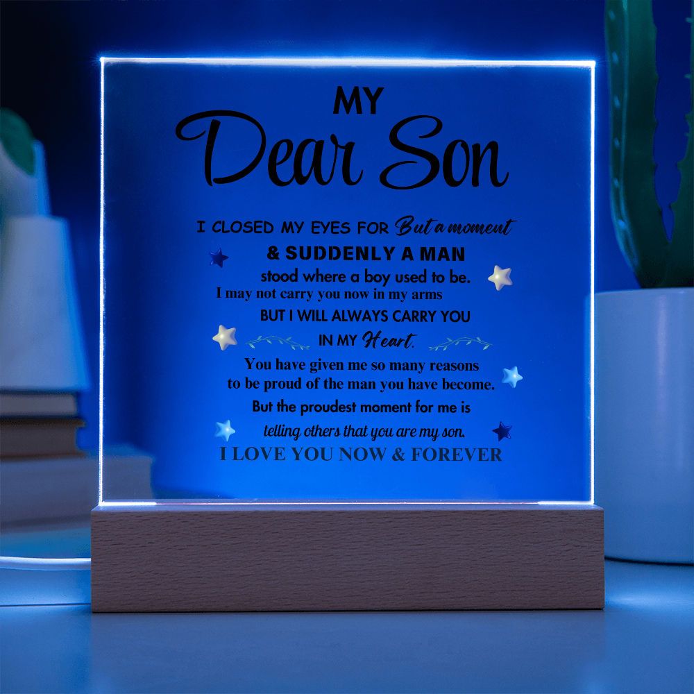 My Dear Son Clear Acrylic Desk Sign – A Thoughtful Gift from Mom and Dad for Birthday, Christmas, and Graduation, Perfect for Home Decor