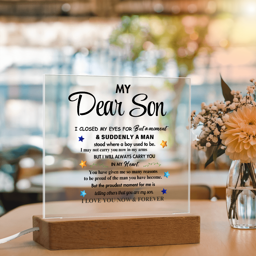My Dear Son Clear Acrylic Desk Sign – A Thoughtful Gift from Mom and Dad for Birthday, Christmas, and Graduation, Perfect for Home Decor