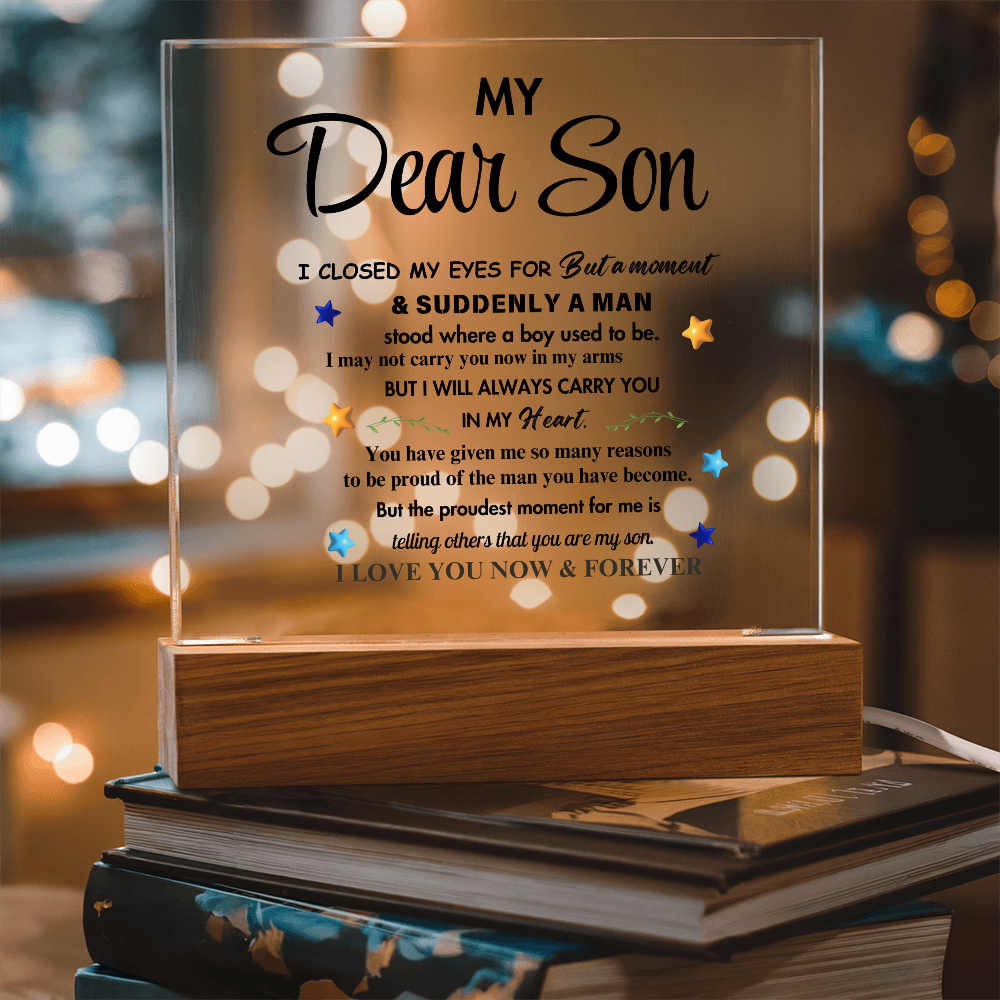 My Dear Son Clear Acrylic Desk Sign – A Thoughtful Gift from Mom and Dad for Birthday, Christmas, and Graduation, Perfect for Home Decor
