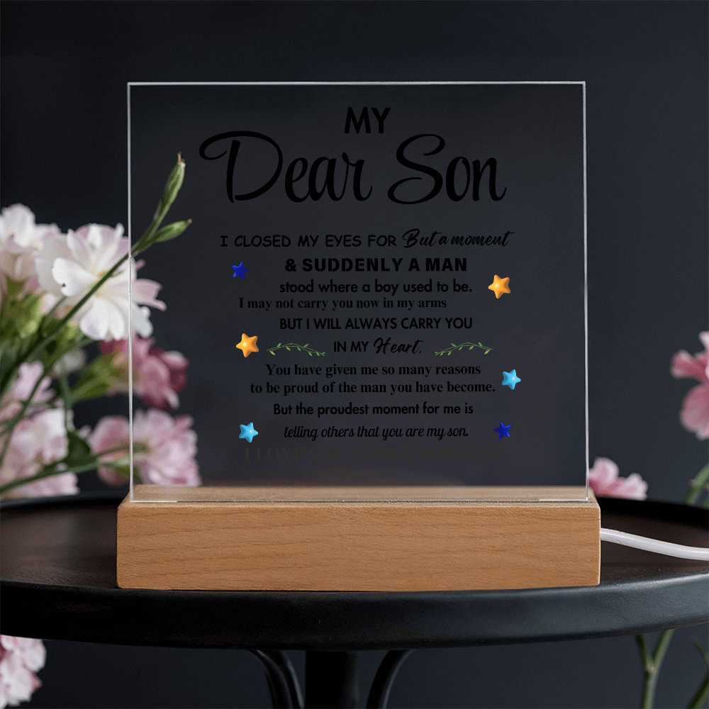 My Dear Son Clear Acrylic Desk Sign – A Thoughtful Gift from Mom and Dad for Birthday, Christmas, and Graduation, Perfect for Home Decor