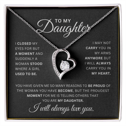 To My Daughter Necklace – Heart Pendant with CZ Crystal, 14k White Gold or 18k Yellow Gold, Sentimental Gift with Luxury Box