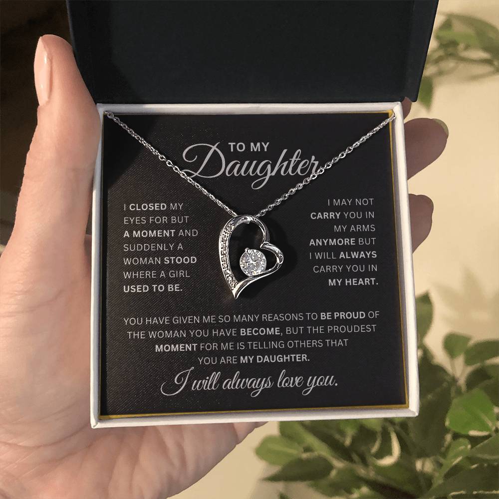 To My Daughter Necklace – Heart Pendant with CZ Crystal, 14k White Gold or 18k Yellow Gold, Sentimental Gift with Luxury Box