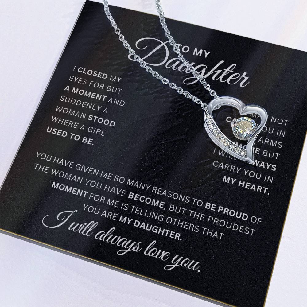 To My Daughter Necklace – Heart Pendant with CZ Crystal, 14k White Gold or 18k Yellow Gold, Sentimental Gift with Luxury Box