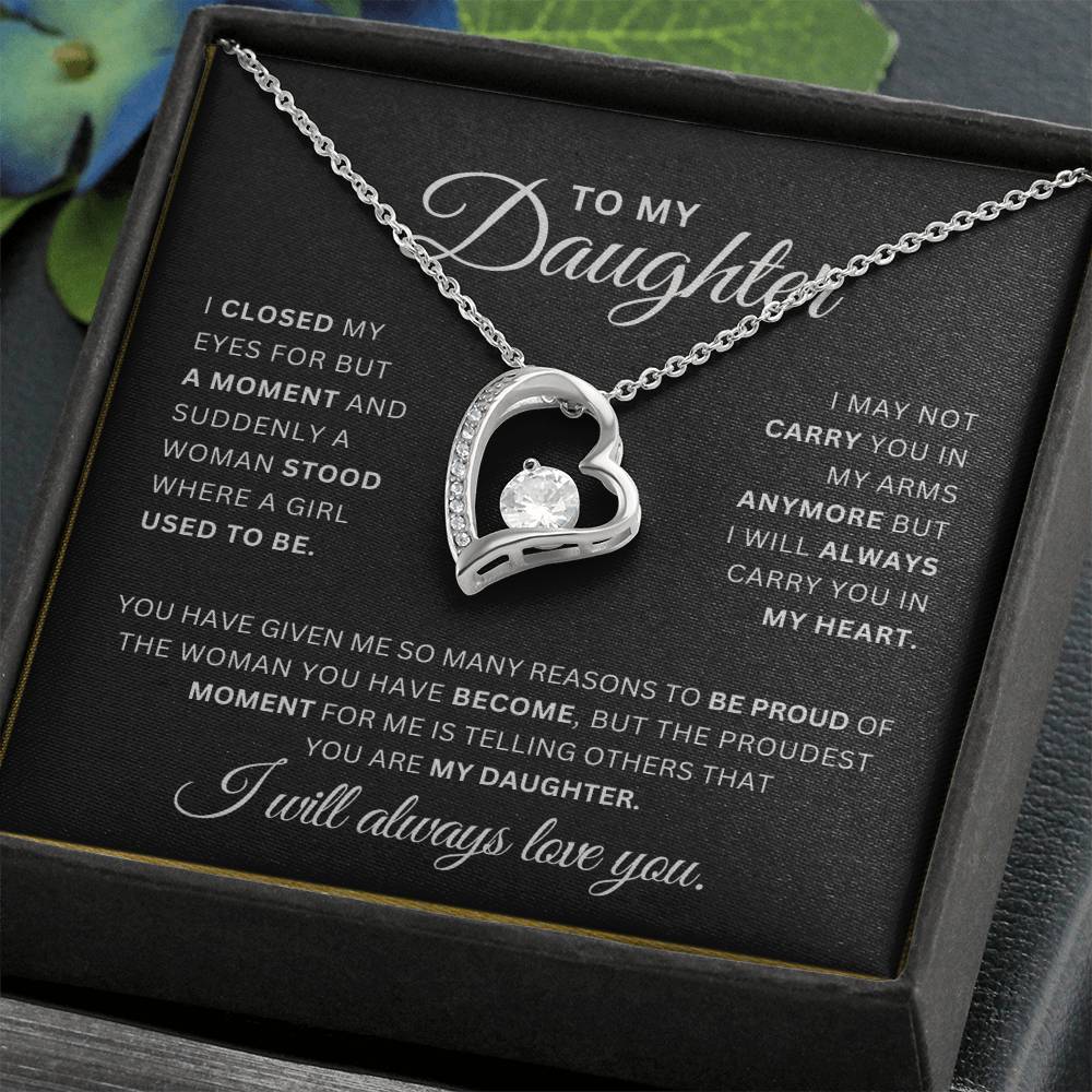 To My Daughter Necklace – Heart Pendant with CZ Crystal, 14k White Gold or 18k Yellow Gold, Sentimental Gift with Luxury Box