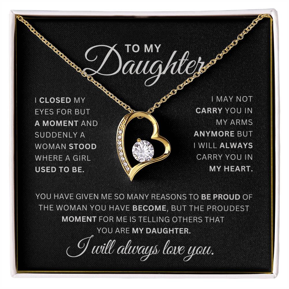 To My Daughter Necklace – Heart Pendant with CZ Crystal, 14k White Gold or 18k Yellow Gold, Sentimental Gift with Luxury Box