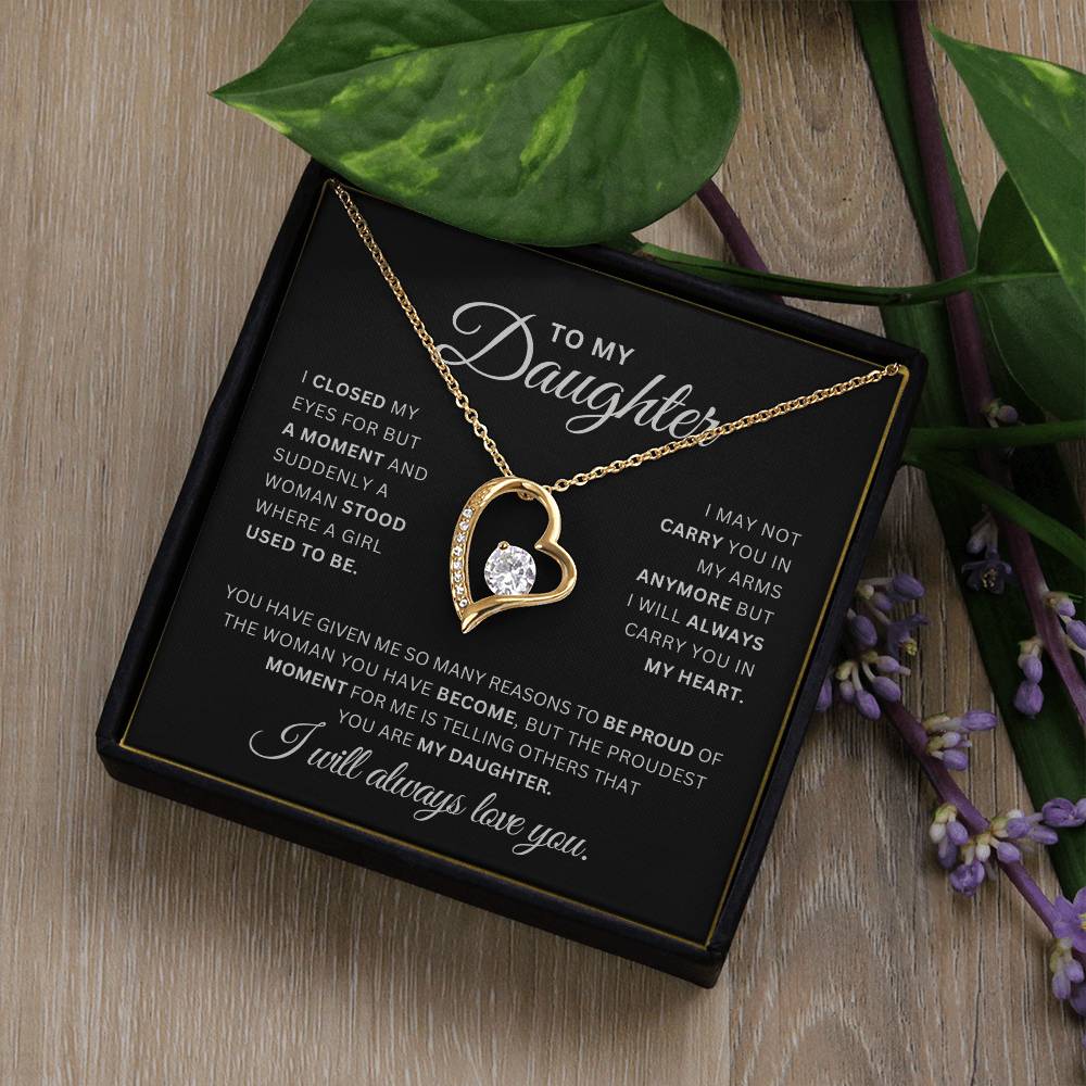 To My Daughter Necklace – Heart Pendant with CZ Crystal, 14k White Gold or 18k Yellow Gold, Sentimental Gift with Luxury Box