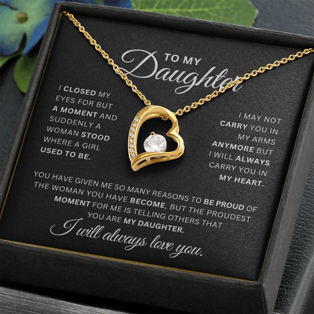 To My Daughter Necklace – Heart Pendant with CZ Crystal, 14k White Gold or 18k Yellow Gold, Sentimental Gift with Luxury Box