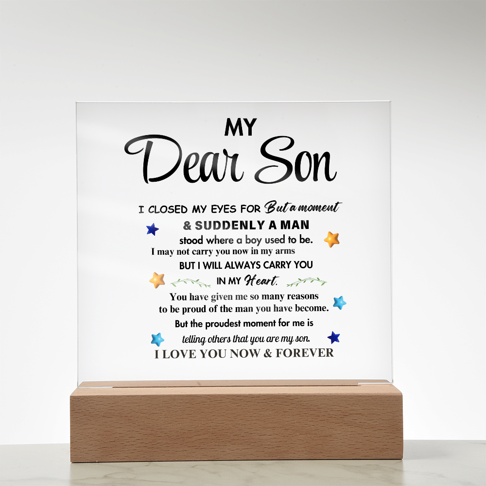 My Dear Son Clear Acrylic Desk Sign – A Thoughtful Gift from Mom and Dad for Birthday, Christmas, and Graduation, Perfect for Home Decor