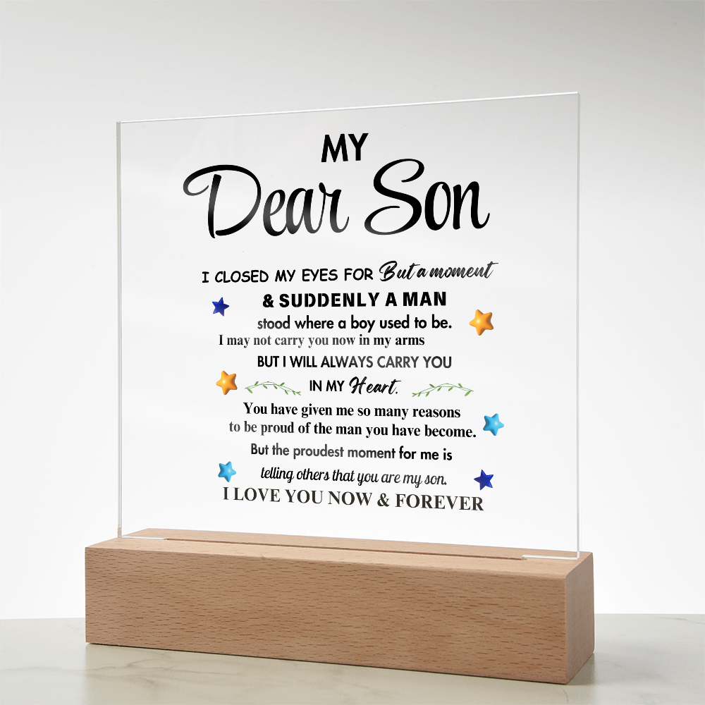 My Dear Son Clear Acrylic Desk Sign – A Thoughtful Gift from Mom and Dad for Birthday, Christmas, and Graduation, Perfect for Home Decor