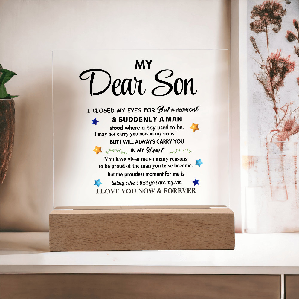 My Dear Son Clear Acrylic Desk Sign – A Thoughtful Gift from Mom and Dad for Birthday, Christmas, and Graduation, Perfect for Home Decor