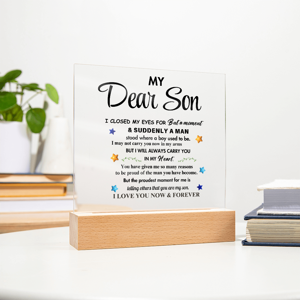 My Dear Son Clear Acrylic Desk Sign – A Thoughtful Gift from Mom and Dad for Birthday, Christmas, and Graduation, Perfect for Home Decor