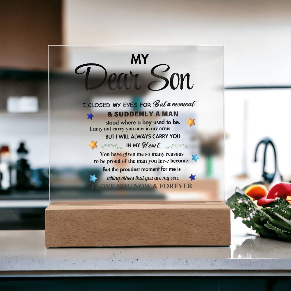 My Dear Son Clear Acrylic Desk Sign – A Thoughtful Gift from Mom and Dad for Birthday, Christmas, and Graduation, Perfect for Home Decor