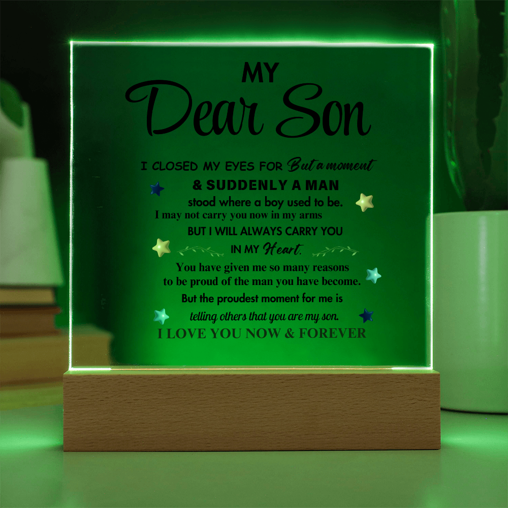 My Dear Son Clear Acrylic Desk Sign – A Thoughtful Gift from Mom and Dad for Birthday, Christmas, and Graduation, Perfect for Home Decor