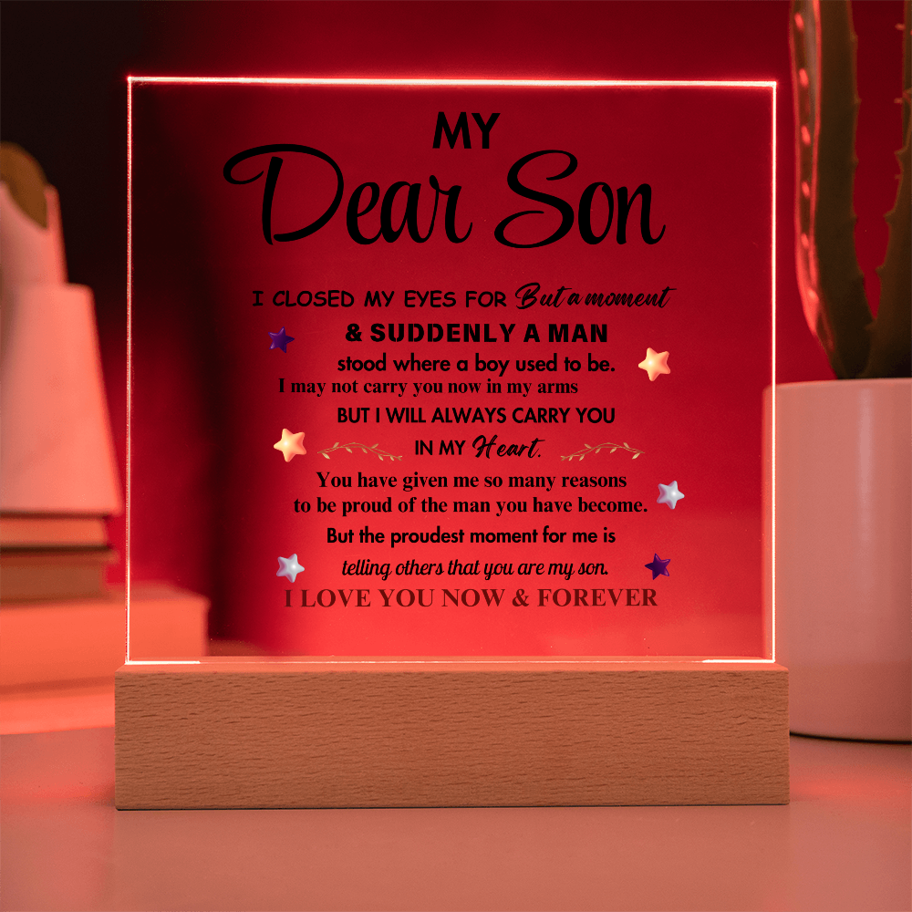 My Dear Son Clear Acrylic Desk Sign – A Thoughtful Gift from Mom and Dad for Birthday, Christmas, and Graduation, Perfect for Home Decor