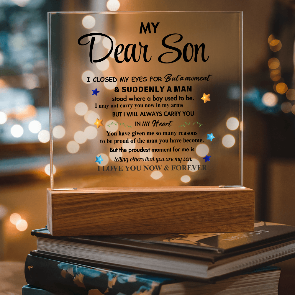 My Dear Son Clear Acrylic Desk Sign – A Thoughtful Gift from Mom and Dad for Birthday, Christmas, and Graduation, Perfect for Home Decor