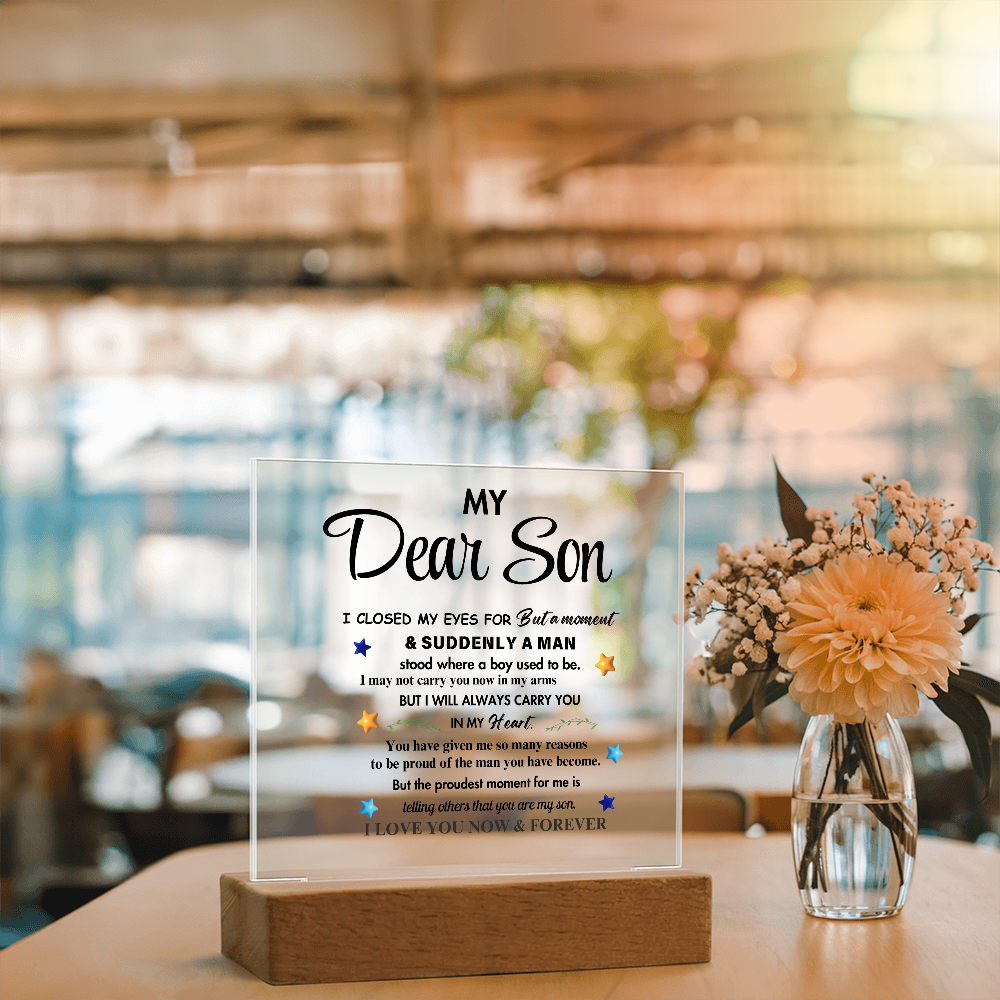 My Dear Son Clear Acrylic Desk Sign – A Thoughtful Gift from Mom and Dad for Birthday, Christmas, and Graduation, Perfect for Home Decor