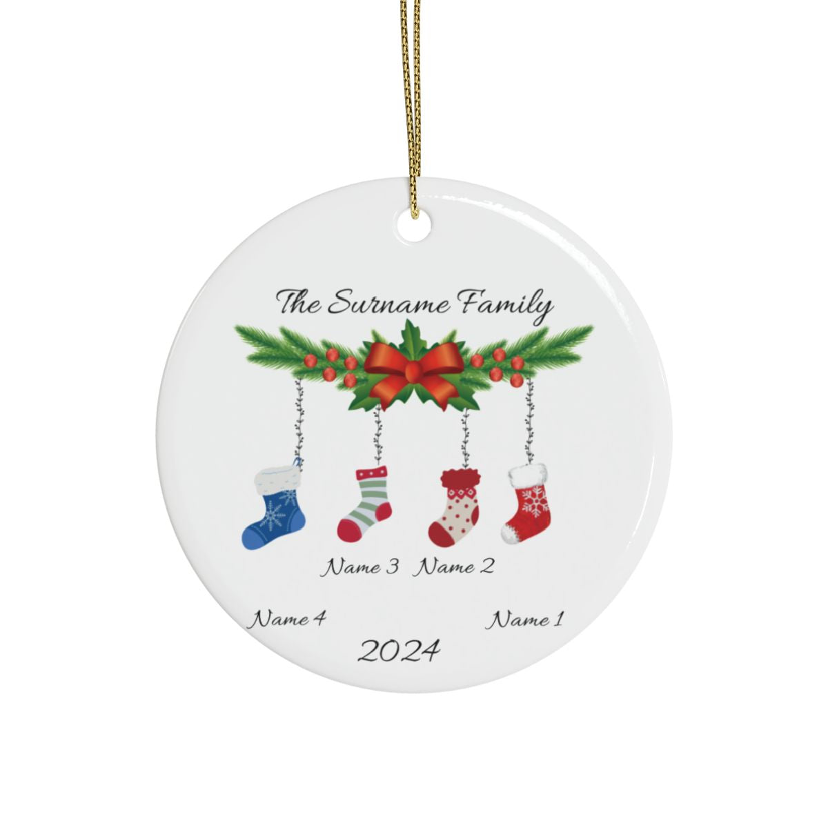 Personalized Family of 4 Christmas Ornament – Custom Stocking Design with Names & Year | Ceramic Keepsake for New Families, Perfect 2024 Holiday Gift