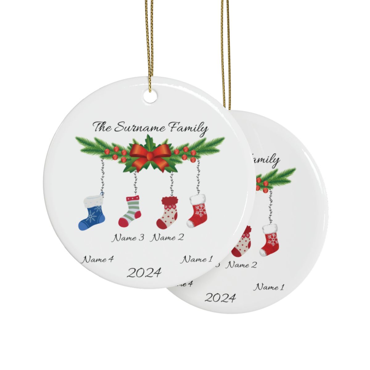 Personalized Family of 4 Christmas Ornament – Custom Stocking Design with Names & Year | Ceramic Keepsake for New Families, Perfect 2024 Holiday Gift