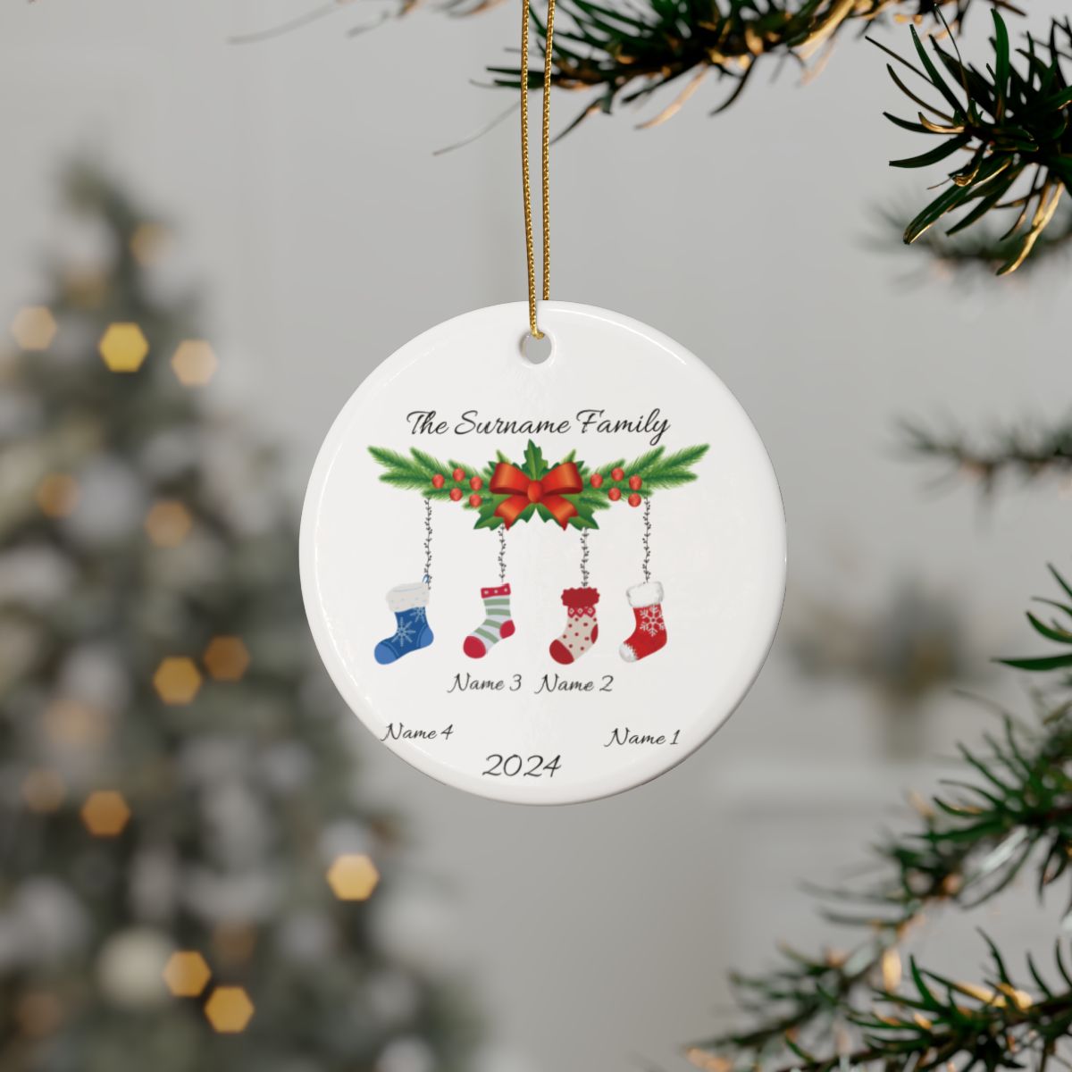 Personalized Family of 4 Christmas Ornament – Custom Stocking Design with Names & Year | Ceramic Keepsake for New Families, Perfect 2024 Holiday Gift